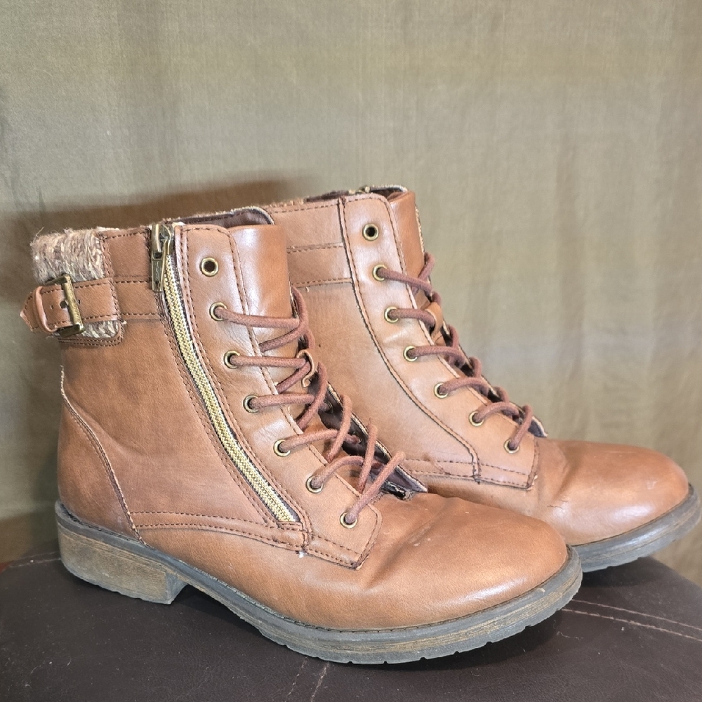 Brown Faux Leather Ankle Boots